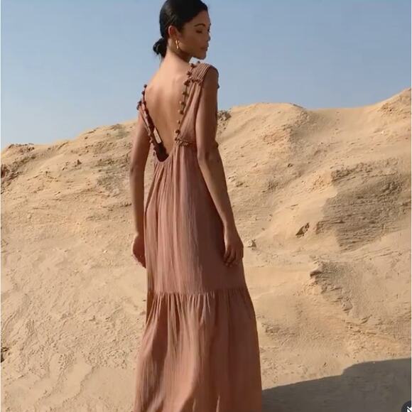 SCARLETT POPPIES Pom Pom Cotton Gauze Maxi Dress Clay Tan Sz M {D16} - Picture 1 of 8